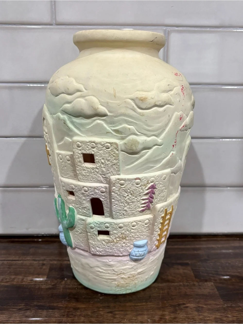 1992 Beachcombers Southwestern Cream Ceramic Vase with Pastel Accents